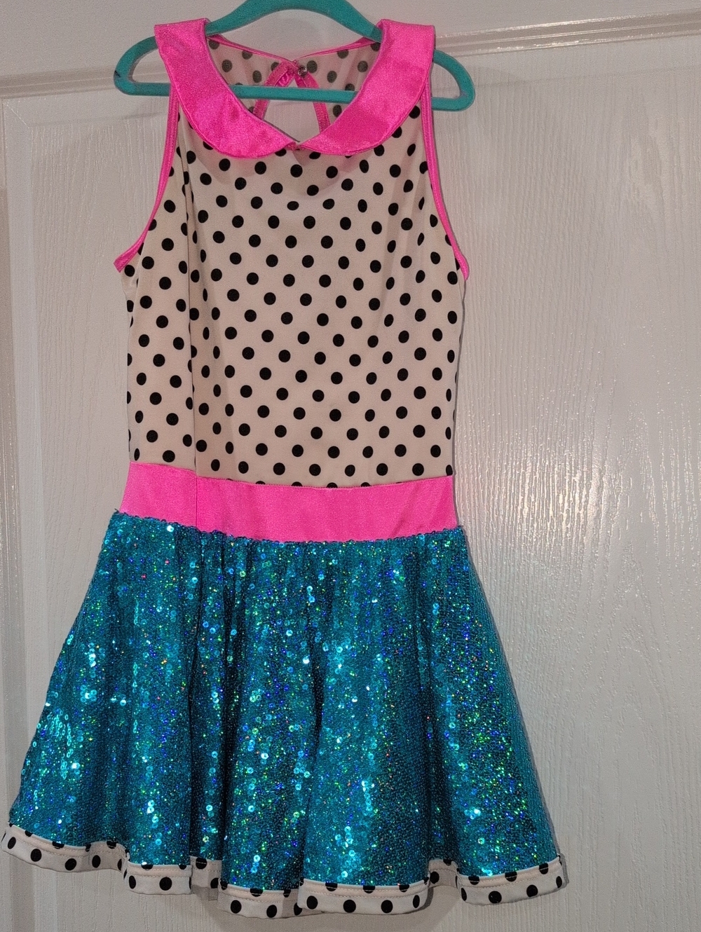 Weissman Blue Sequin Skirt Polka Dot Dress with Pink Trim